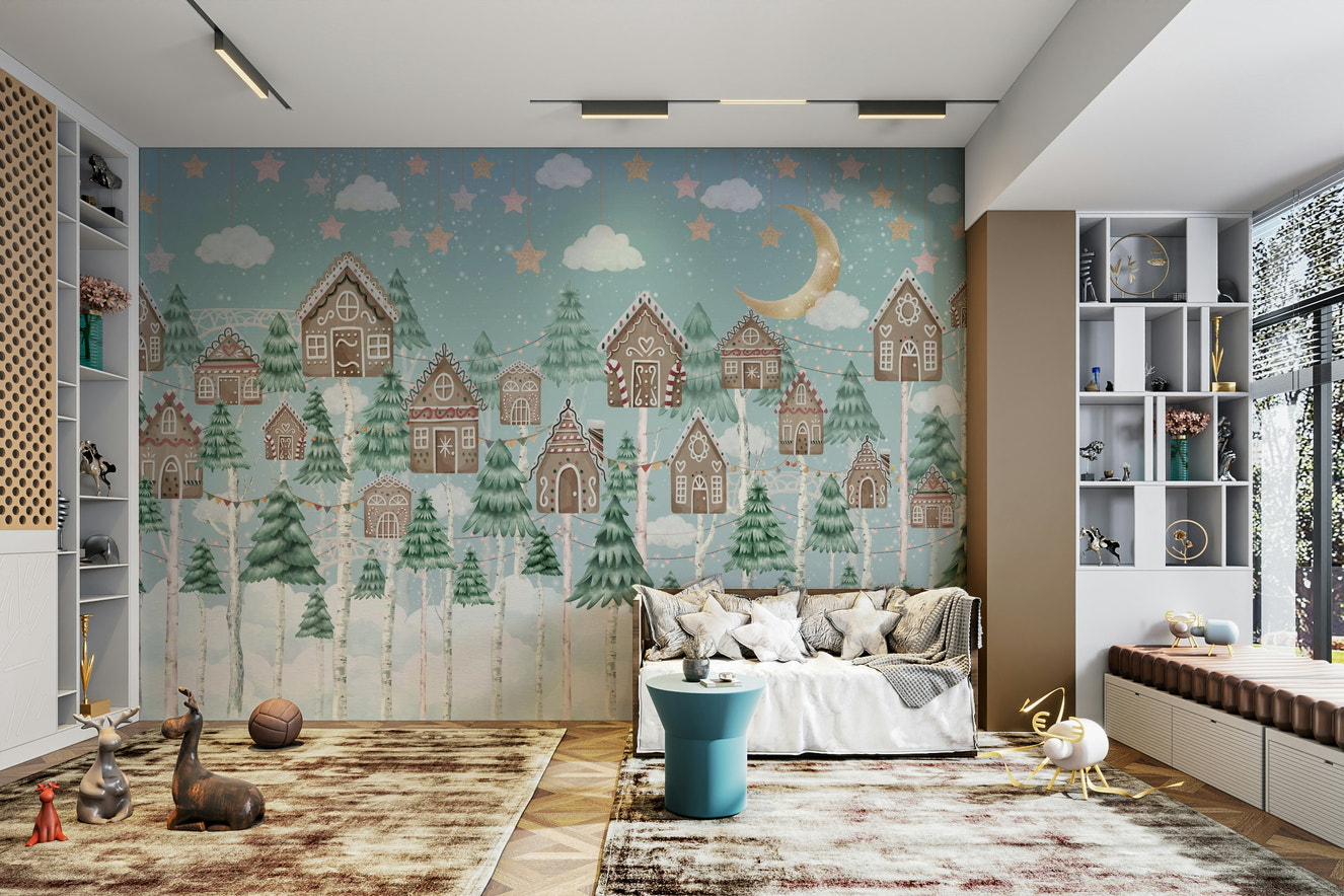 A peaceful wall mural with a whimsical gingerbread forest scene.

