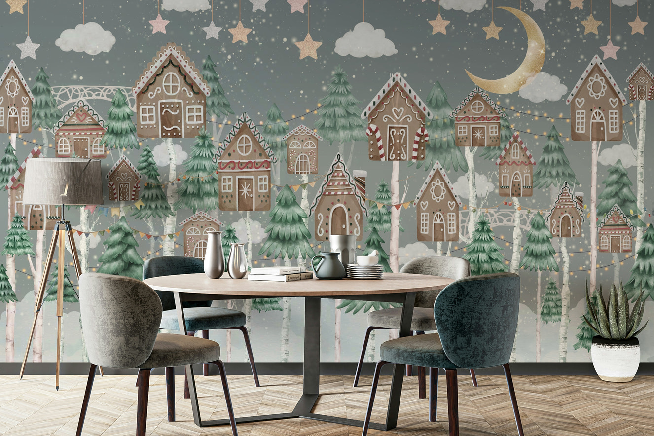 A peaceful wall mural with a whimsical, magical forest scene.

