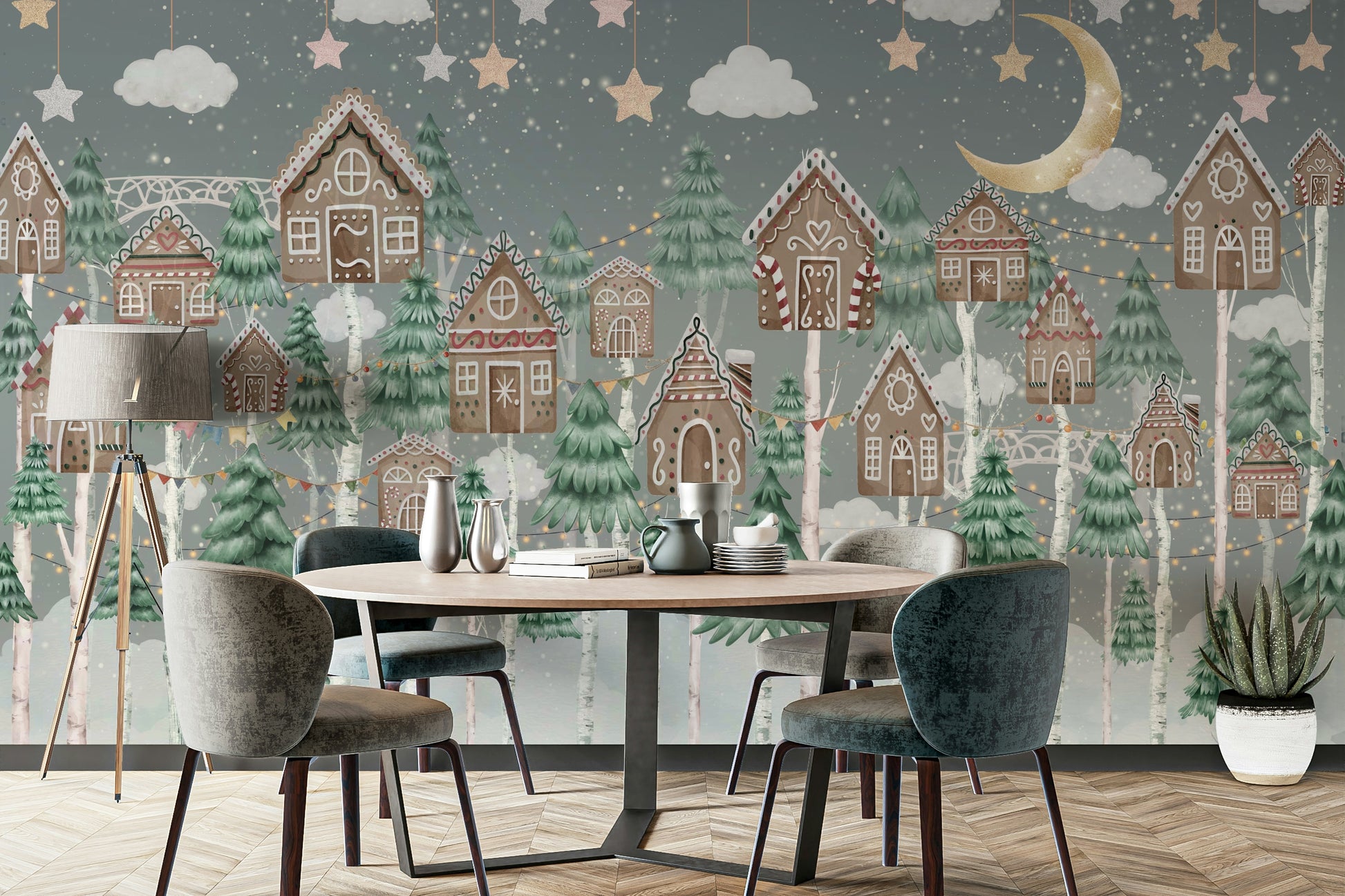 A peaceful wall mural with a whimsical, magical forest scene.

