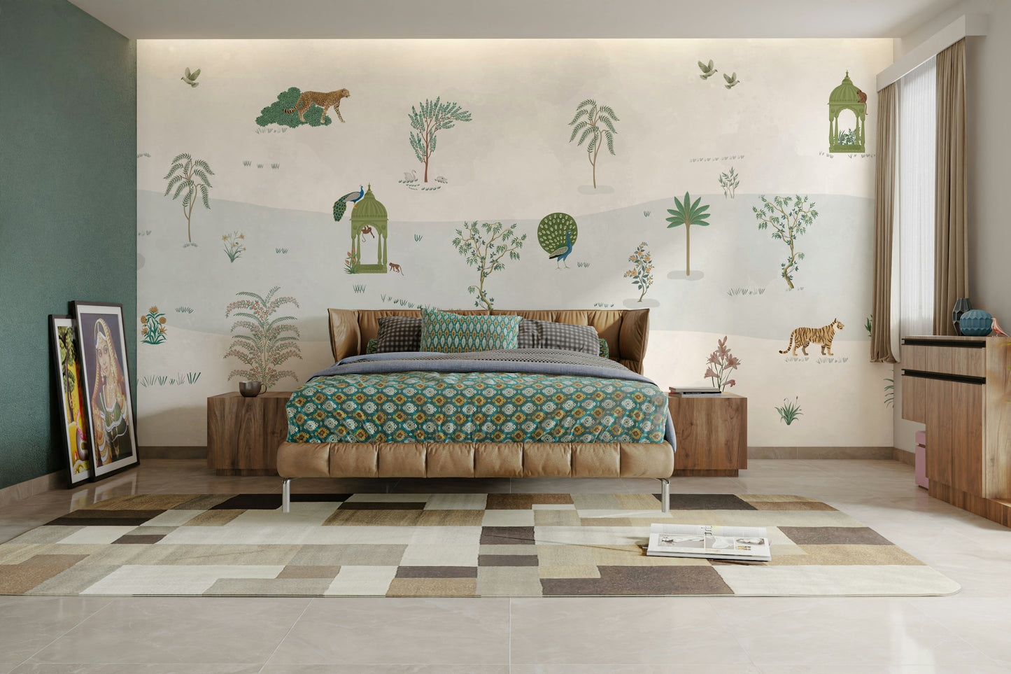 The design features lush greenery and soft flowers.

