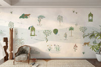A peaceful wall mural with a tranquil garden scene.

