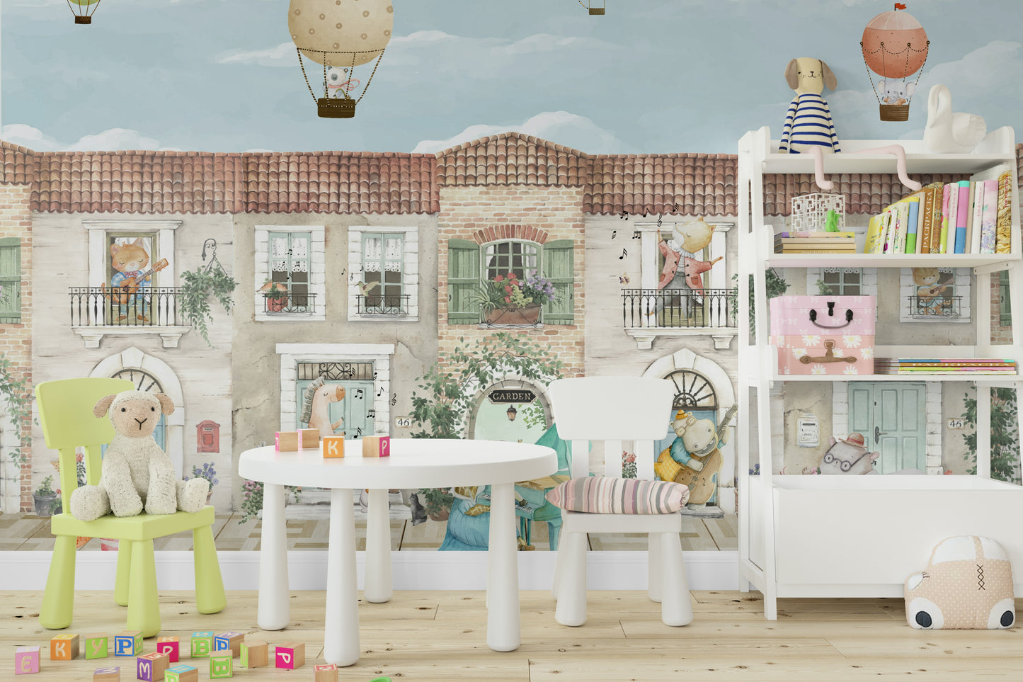 A peaceful wall mural with a whimsical scene of animals.

