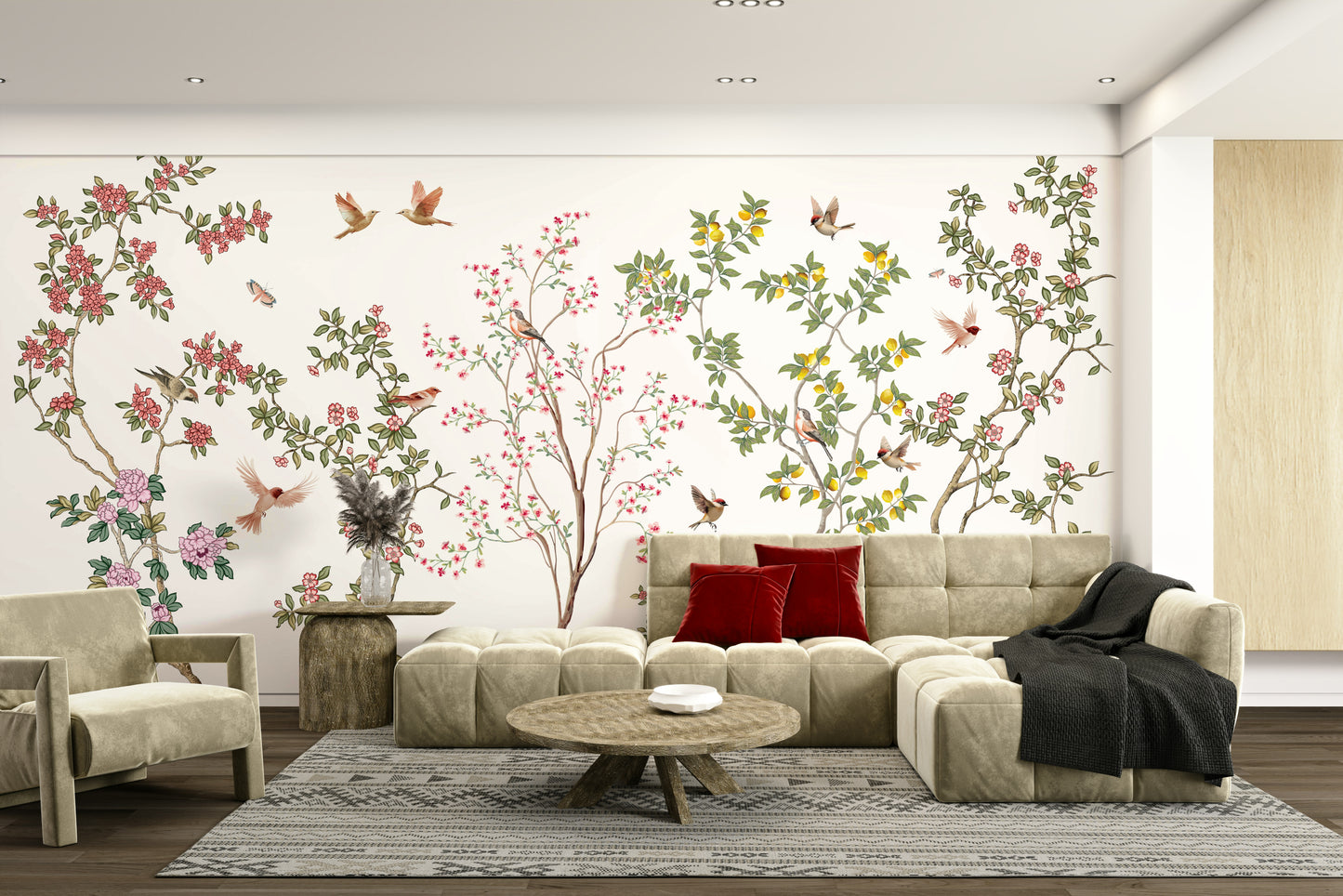 The design features graceful birds or butterflies in motion among blooming flowers.

