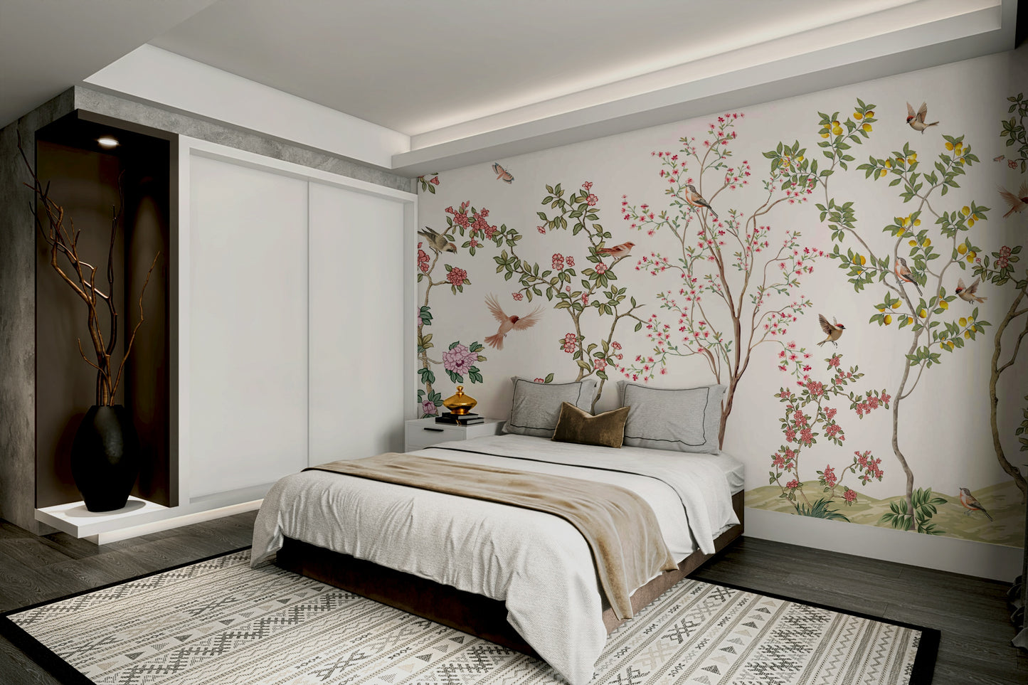 A peaceful wall mural with a design of flowers and flying birds or butterflies.

