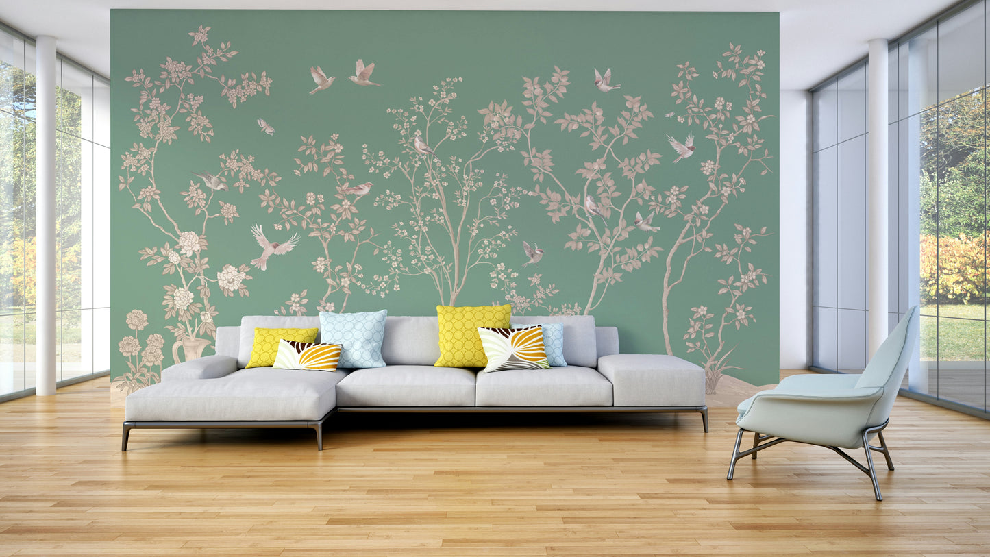 A peaceful wall mural with a design of birds and flowers.


