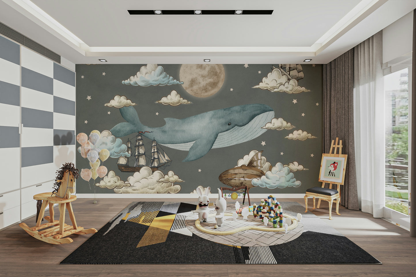 The design might include hot air balloons or other flying objects.

