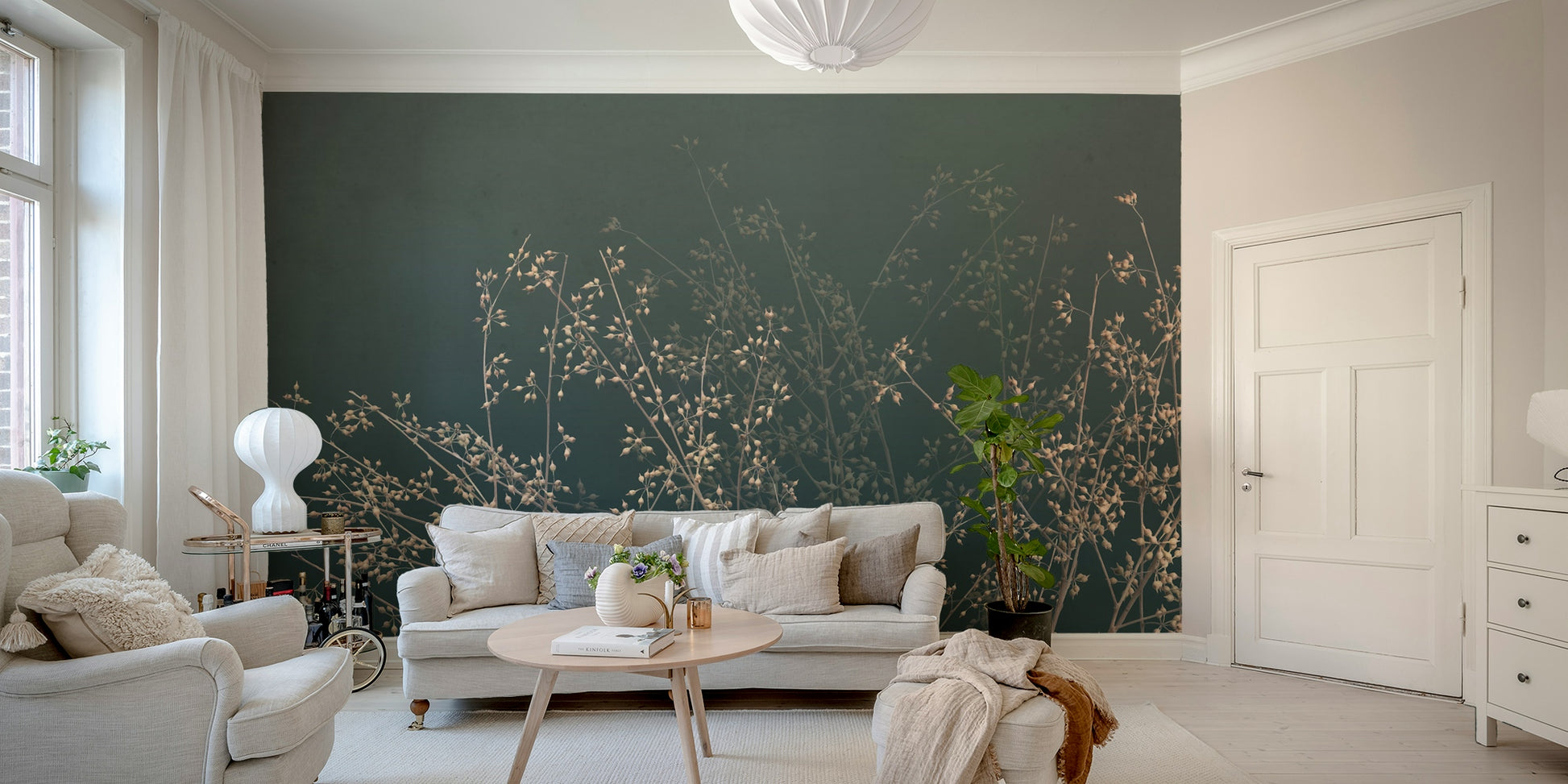 The branches are thin and have an abstract, flowing quality.

