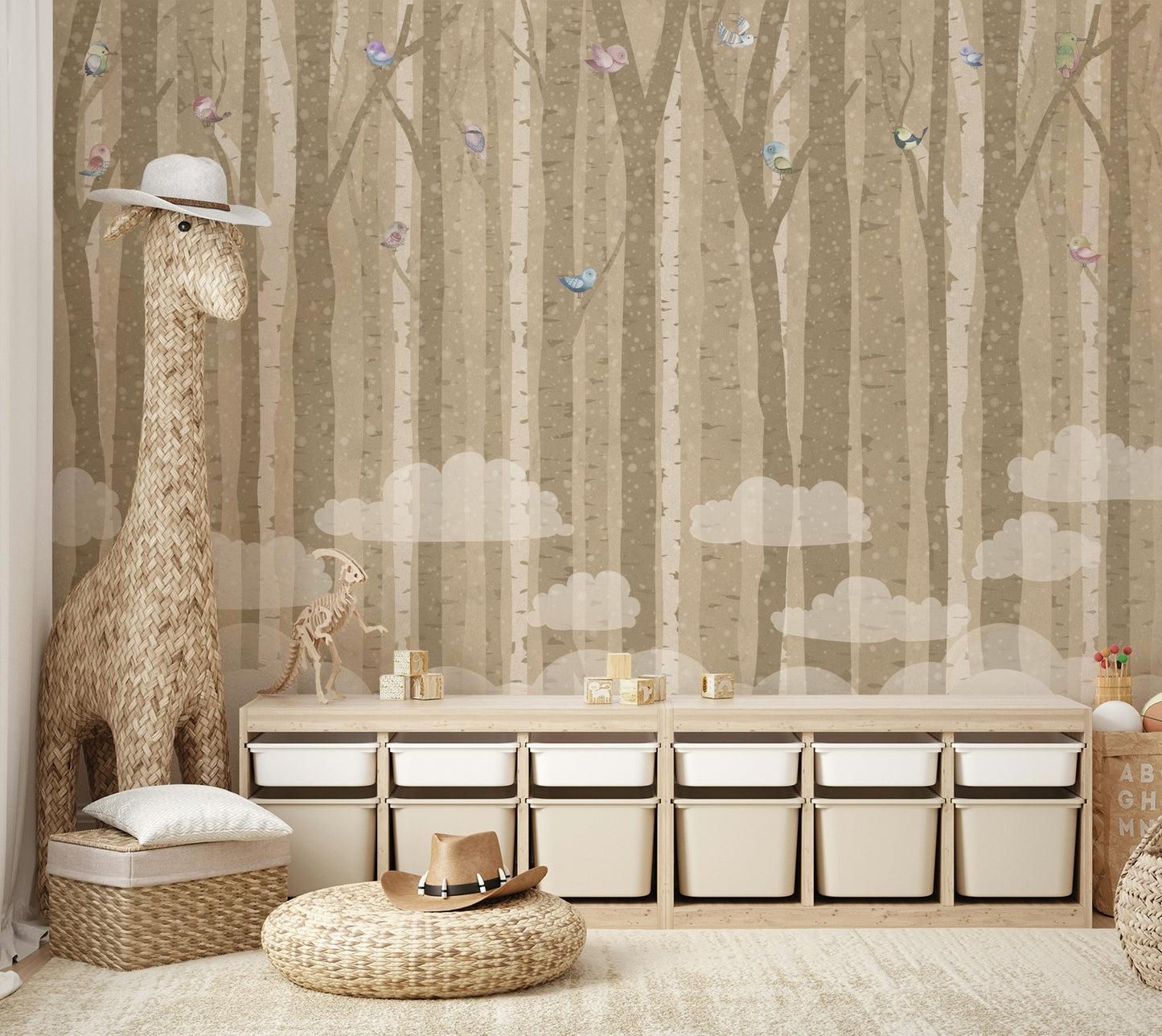 A peaceful wall mural with an elegant forest scene.

