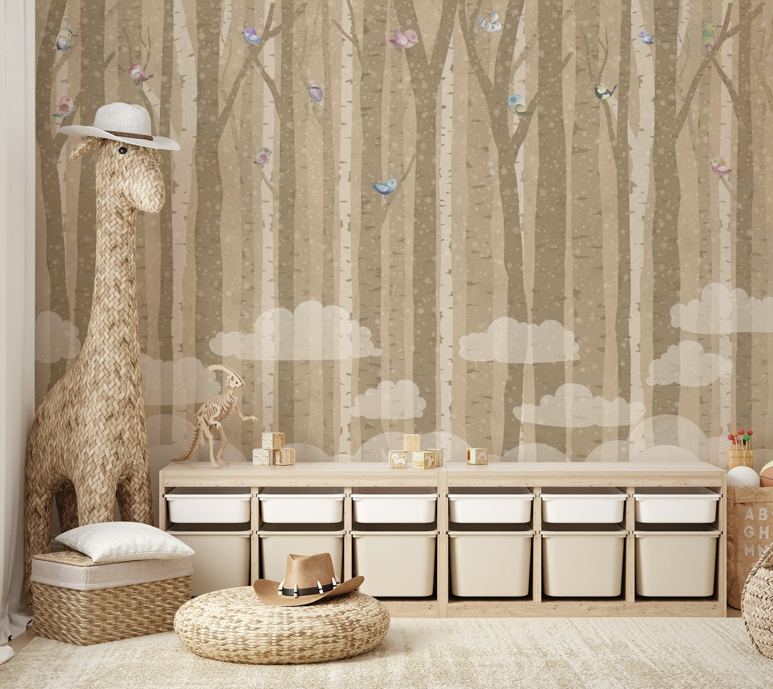 A peaceful wall mural with an elegant forest scene.

