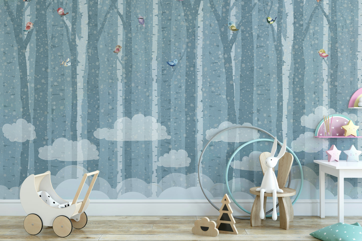 A peaceful wall mural with an elegant forest scene.

