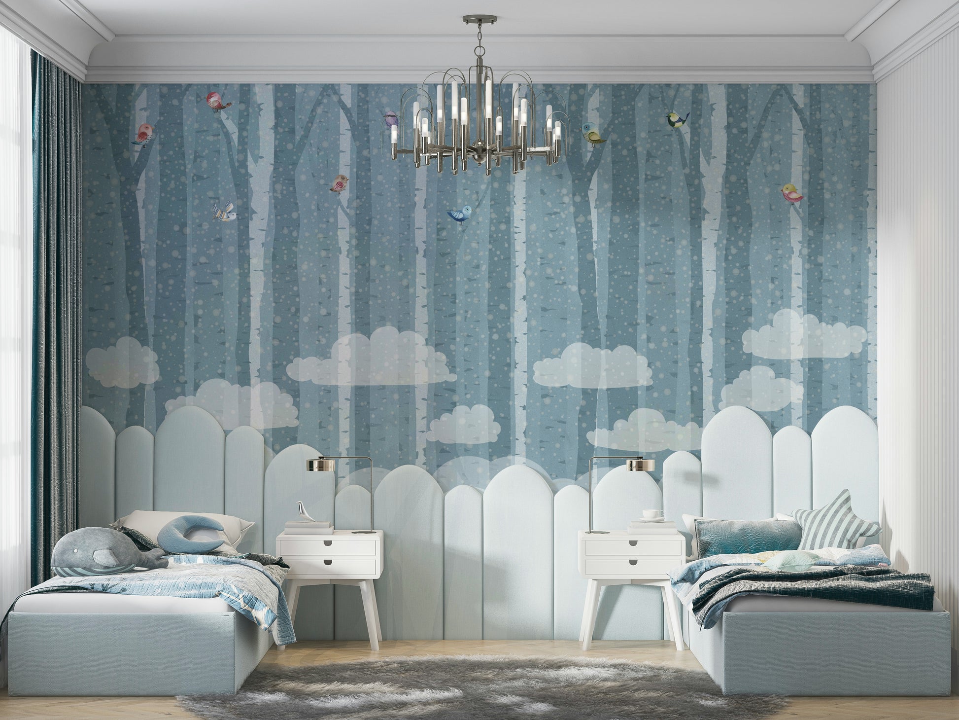 The design features graceful birds in a birch grove.

