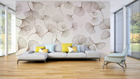 A peaceful wall mural with an ethereal botanical pattern.


