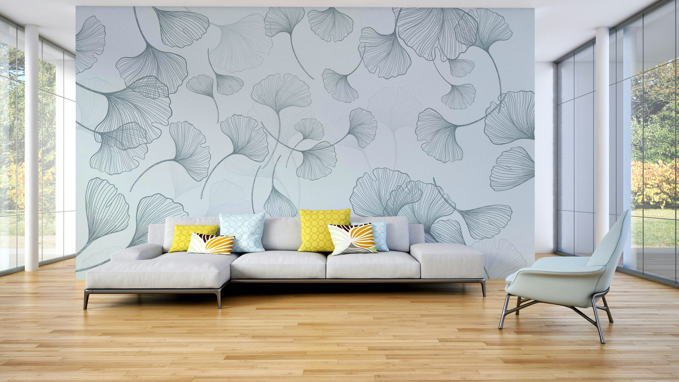 A peaceful wall mural with an ethereal botanical pattern.

