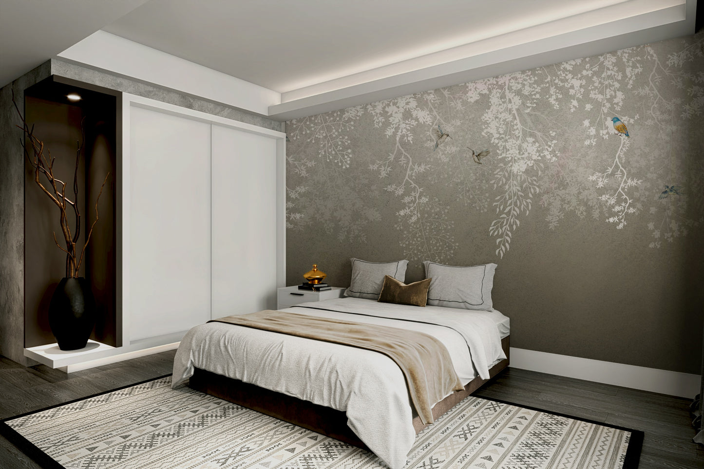 The design features elegant birds and delicate flowers.

