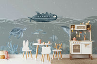 A peaceful wall mural with a whimsical underwater scene.

