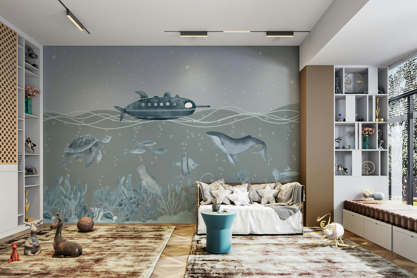 The design features a charming submarine observing sea life.

