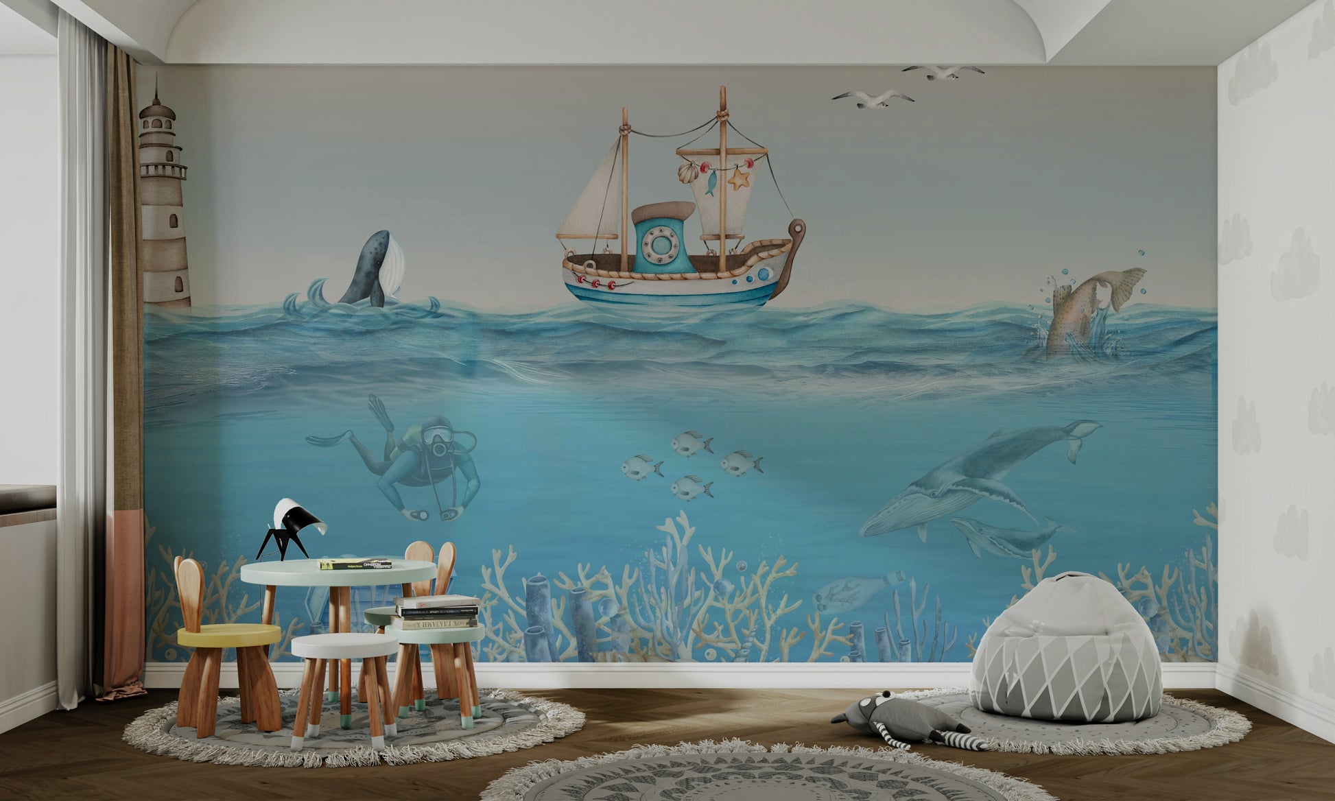 The design features friendly sea animals like whales and fish.

