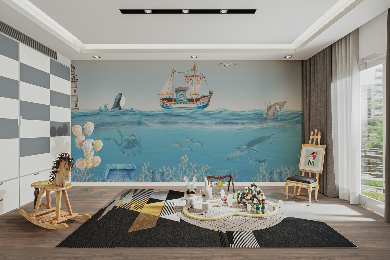 A peaceful wall mural with a whimsical underwater scene.


