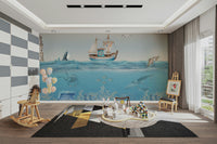A peaceful wall mural with a whimsical underwater scene.

