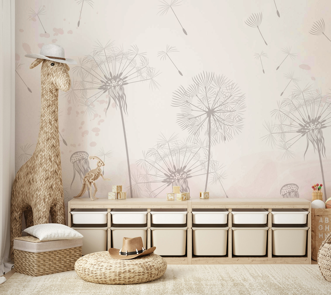 A peaceful wall mural with an ethereal, whimsical scene.

