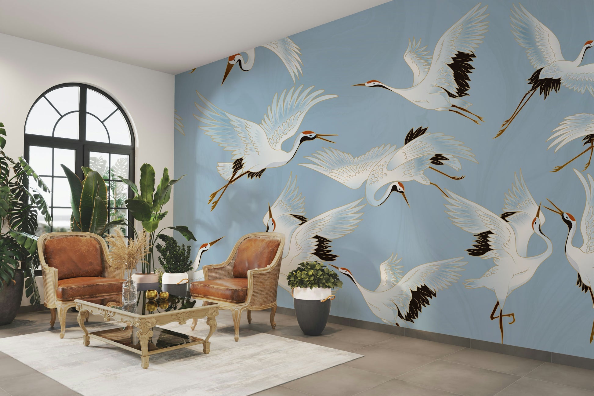 A peaceful wall mural with a serene nature scene.

