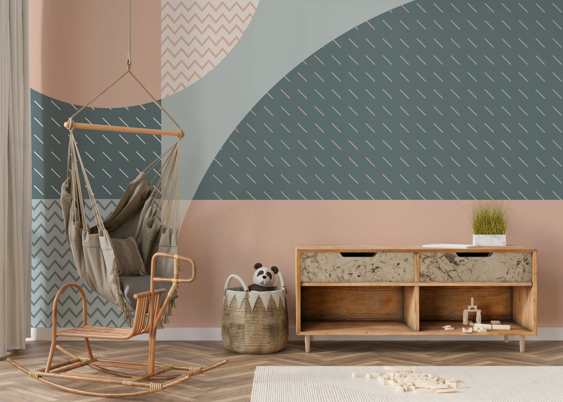 The design features a repeating pattern of abstract shapes.

