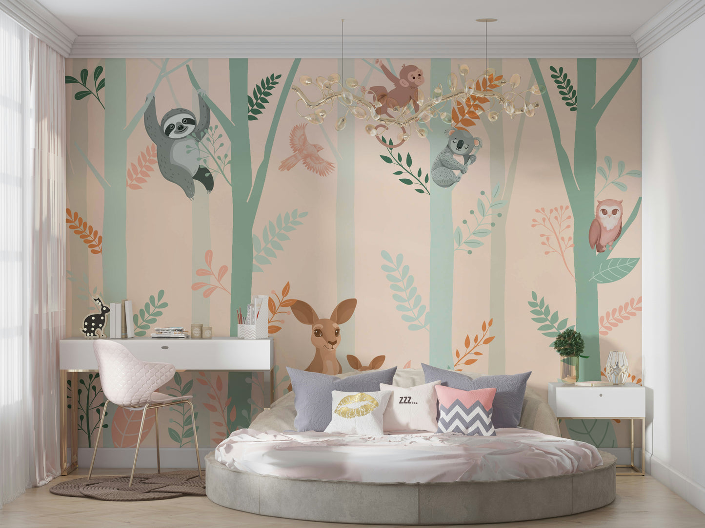 The colors are soft and gentle, with pale greens, browns, and muted tones.

