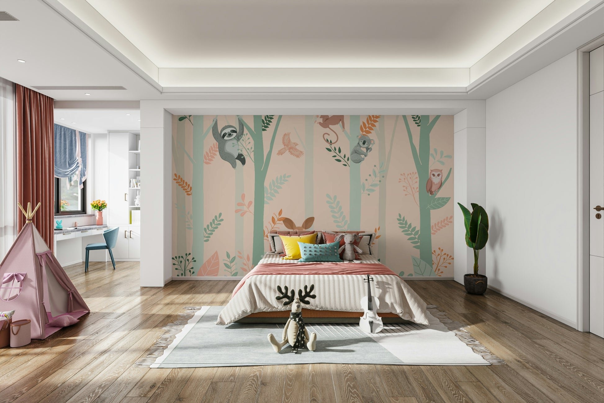 The design features friendly animals in a magical forest.

