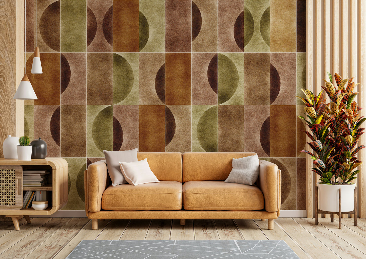 A peaceful wall mural with an abstract geometric pattern.

