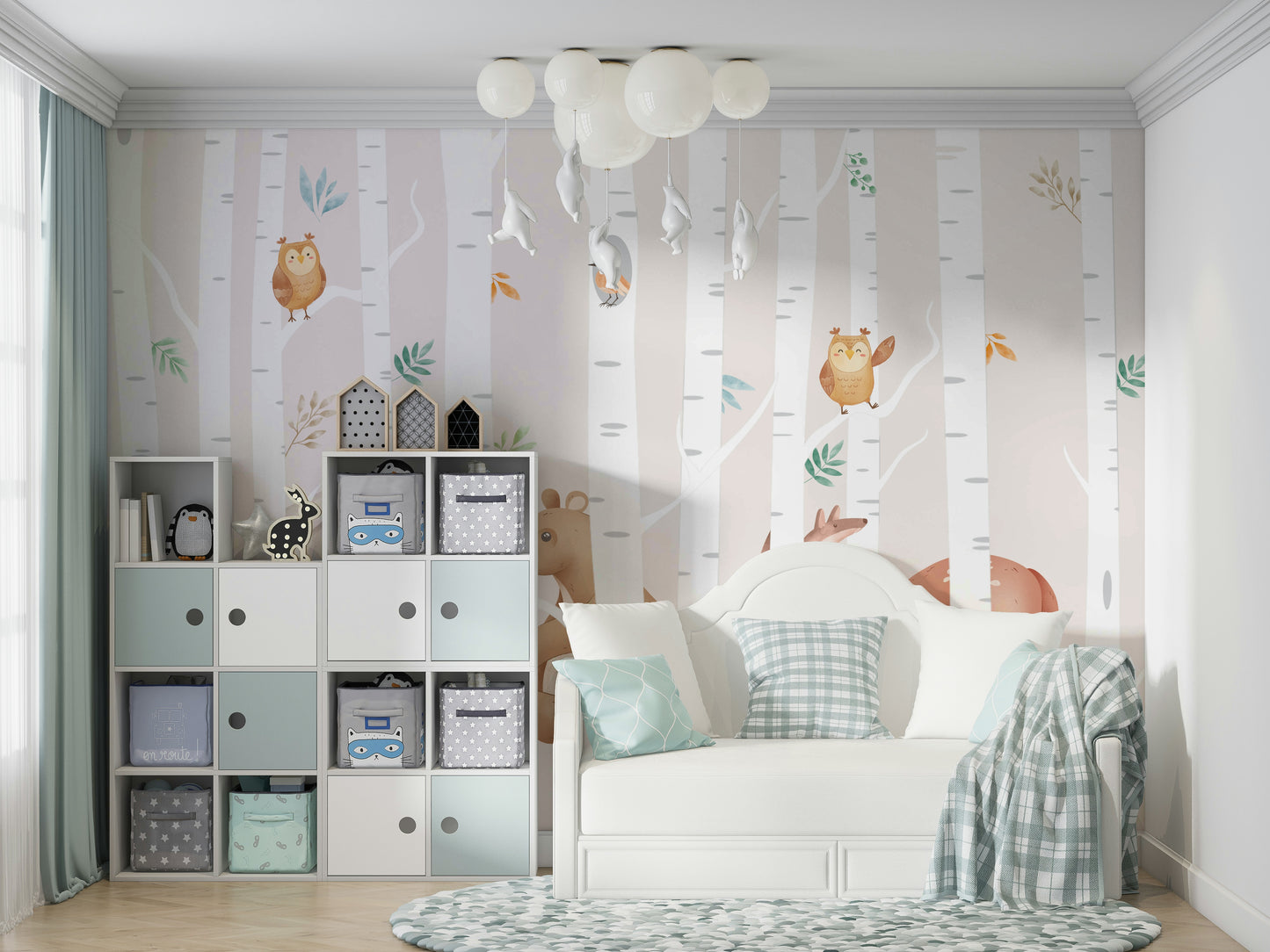 A peaceful wall mural with a whimsical forest scene.

