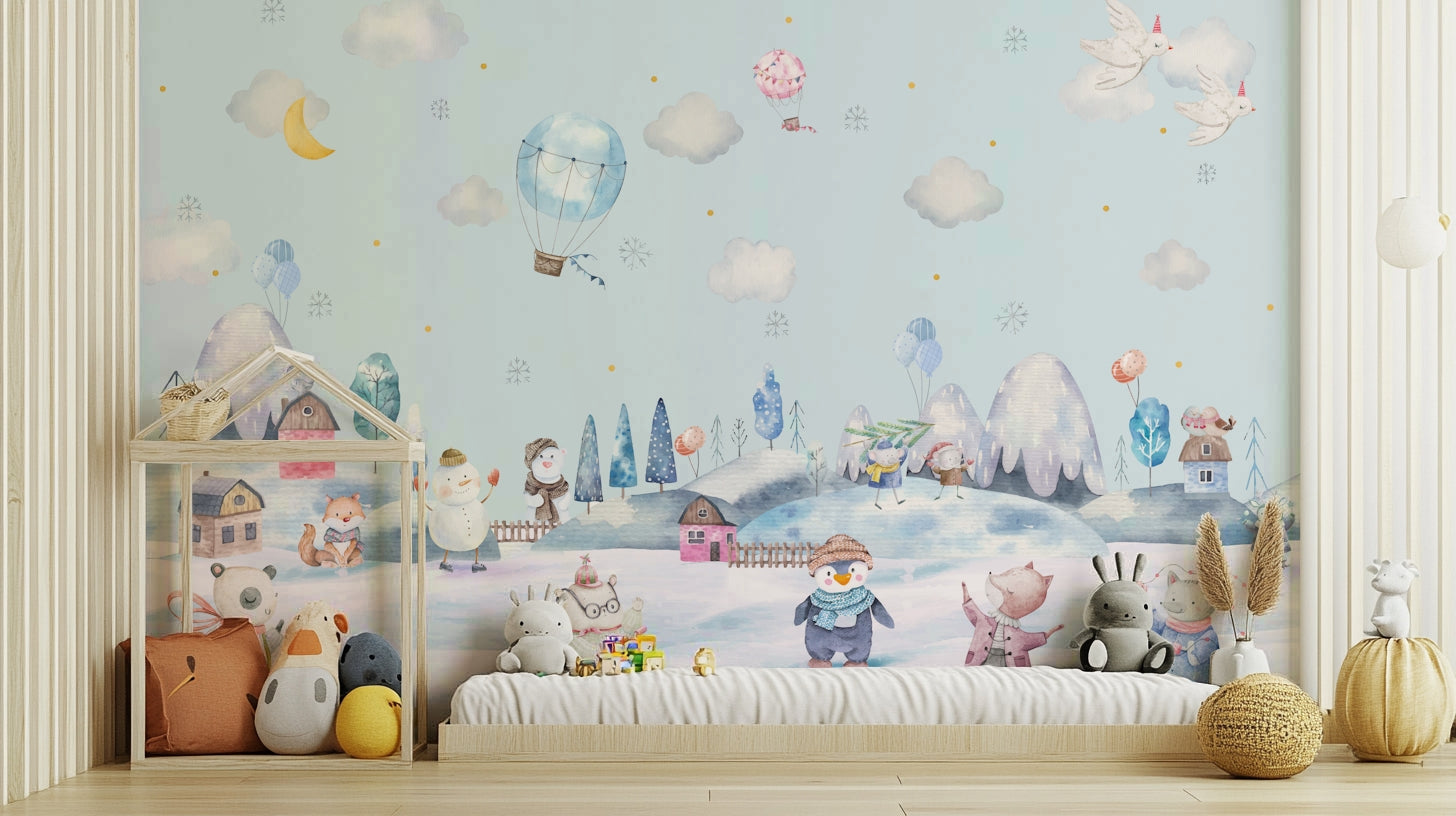 The composition is a wide, landscape view of a snowy forest.

