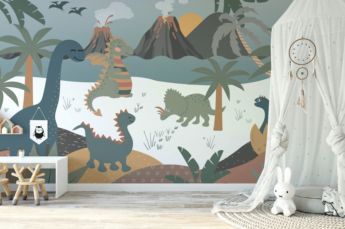 A peaceful wall mural with a whimsical dinosaur scene.

