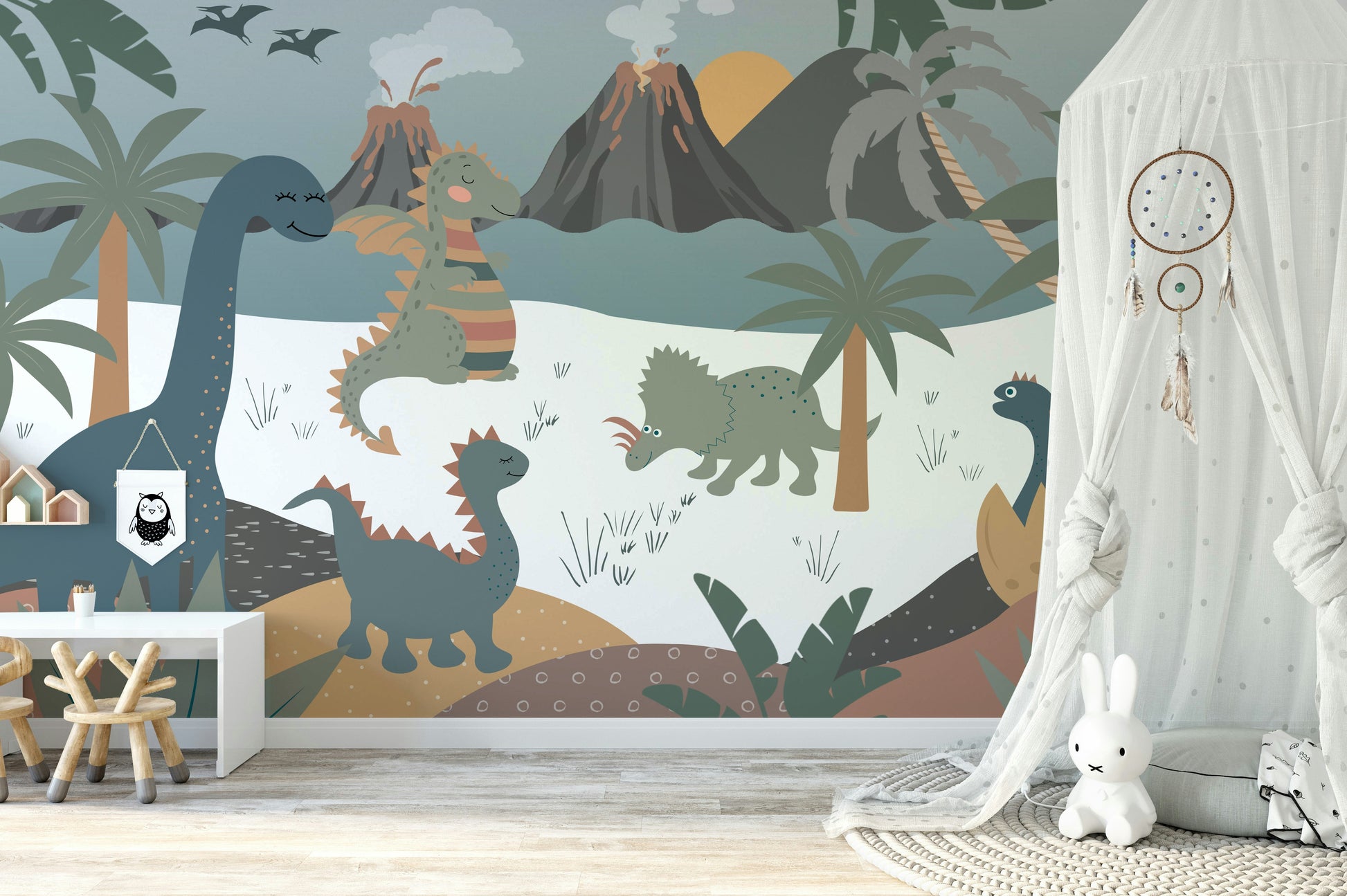 A peaceful wall mural with a whimsical dinosaur scene.

