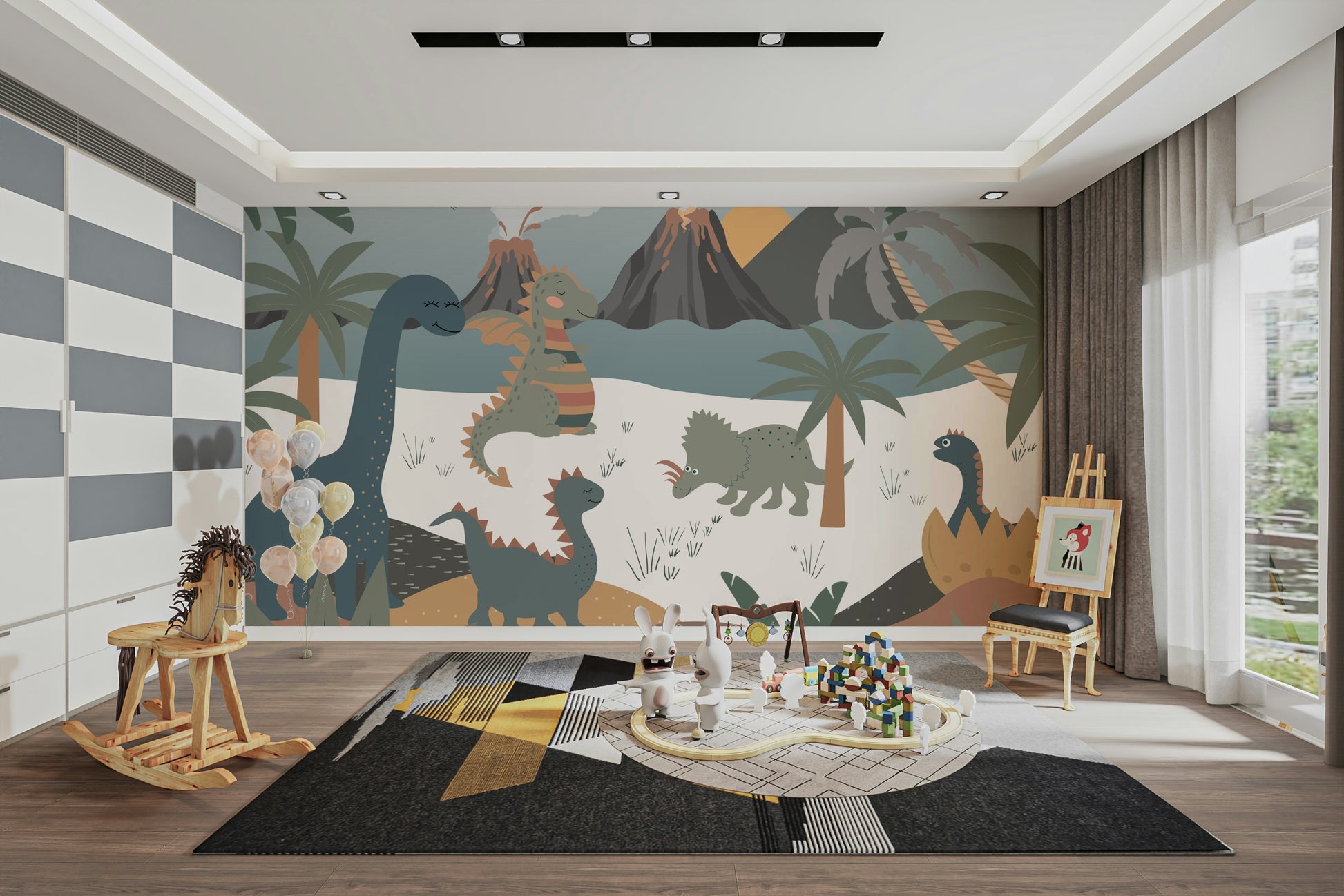 The design features friendly dinosaurs in a prehistoric jungle.

