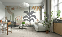 A peaceful wall mural with an abstract botanical pattern.

