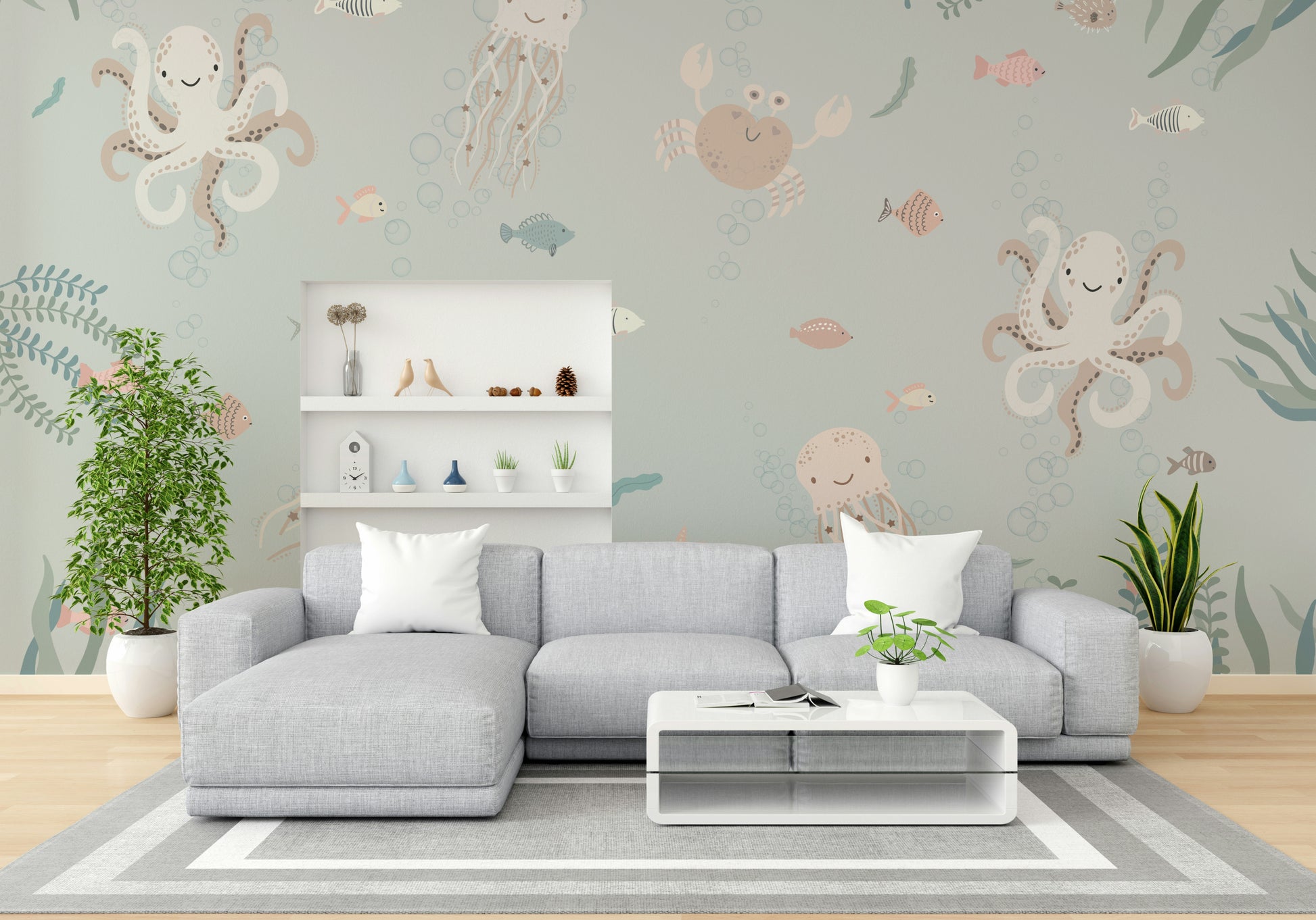 The colors are soft and gentle, with pale blues, greens, and pinks.

