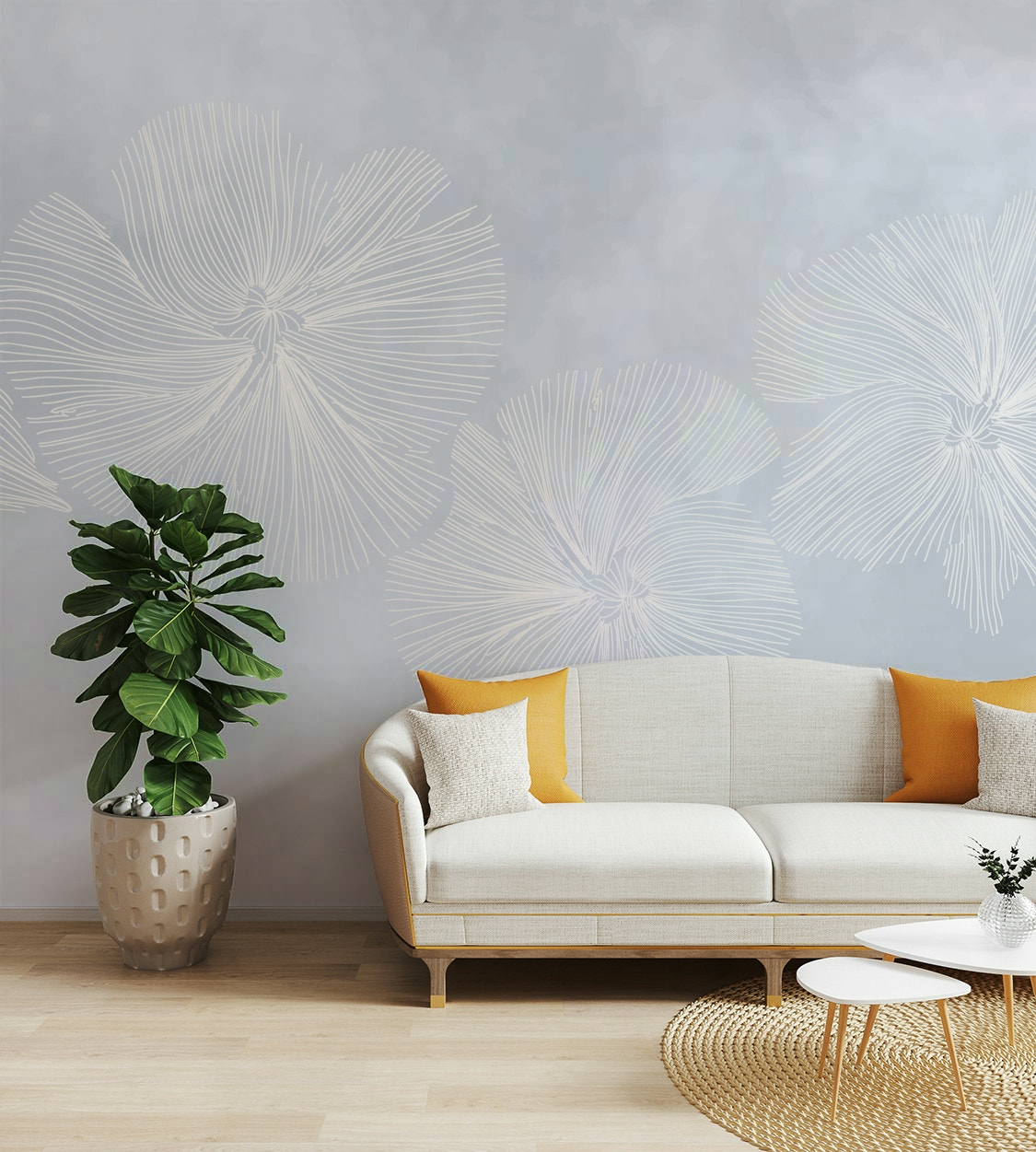 A peaceful wall mural with a floral pattern.

