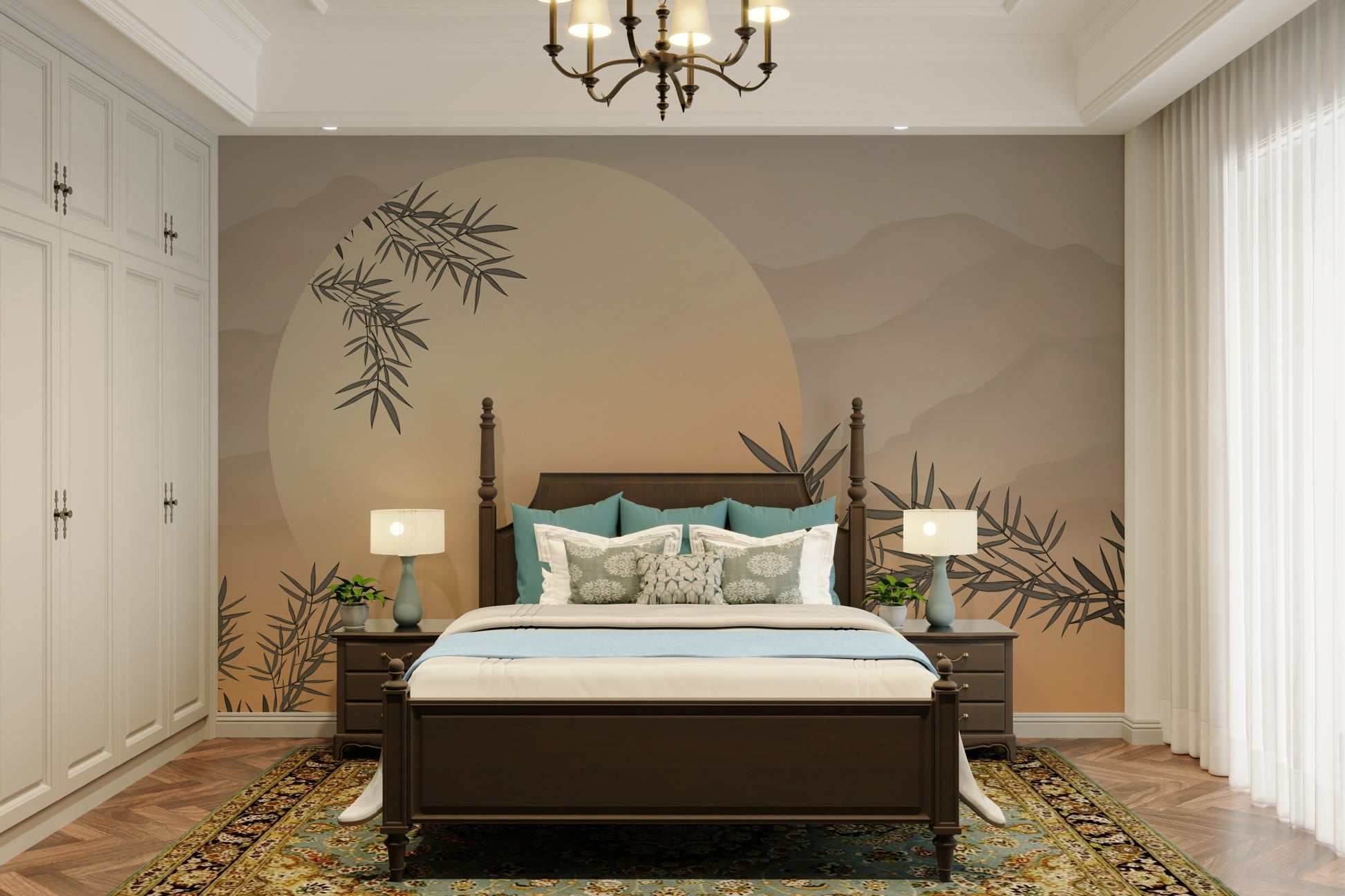 The design features slender bamboo stalks.

