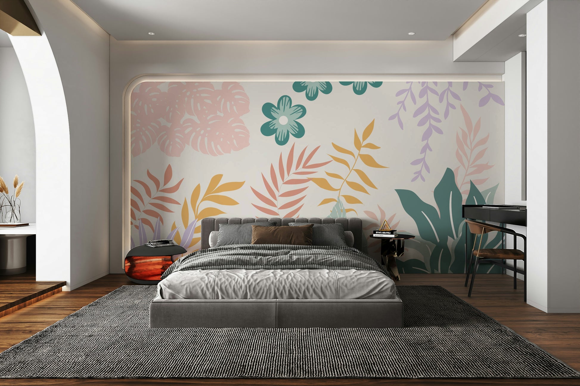 A peaceful wall mural with a bohemian floral pattern.

