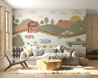 A peaceful wall mural with a whimsical farm scene.

