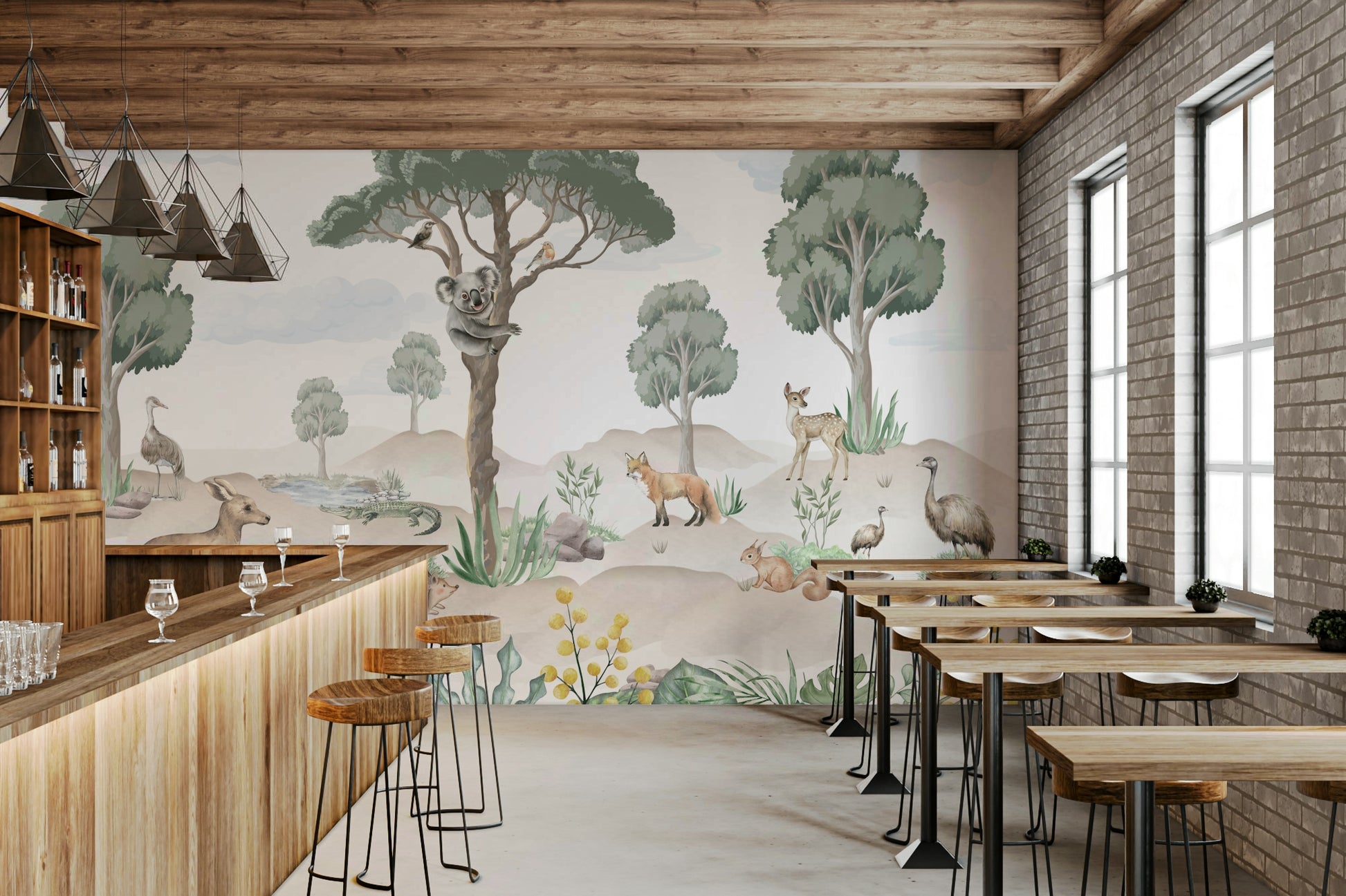 The design features friendly koalas and kangaroos.

