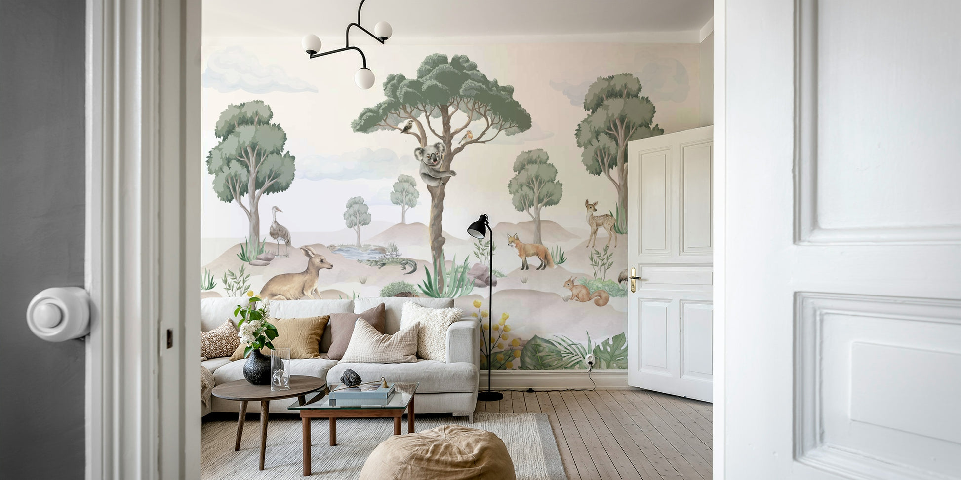 A peaceful wall mural with a whimsical Australian animal scene.

