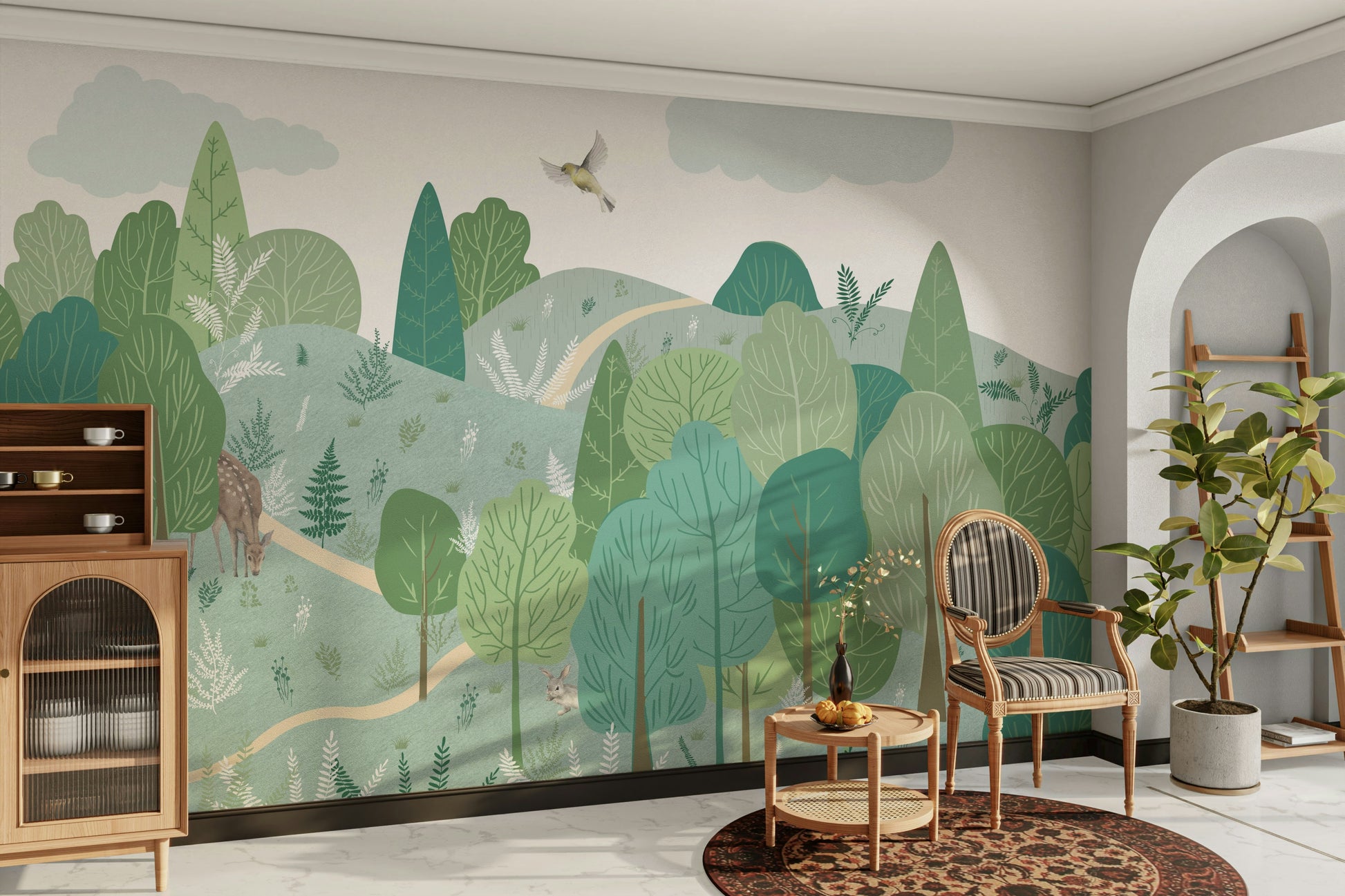 The design features various types of green foliage and trees.

