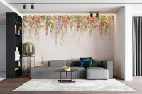 A peaceful wall mural with a watercolor flower pattern.

