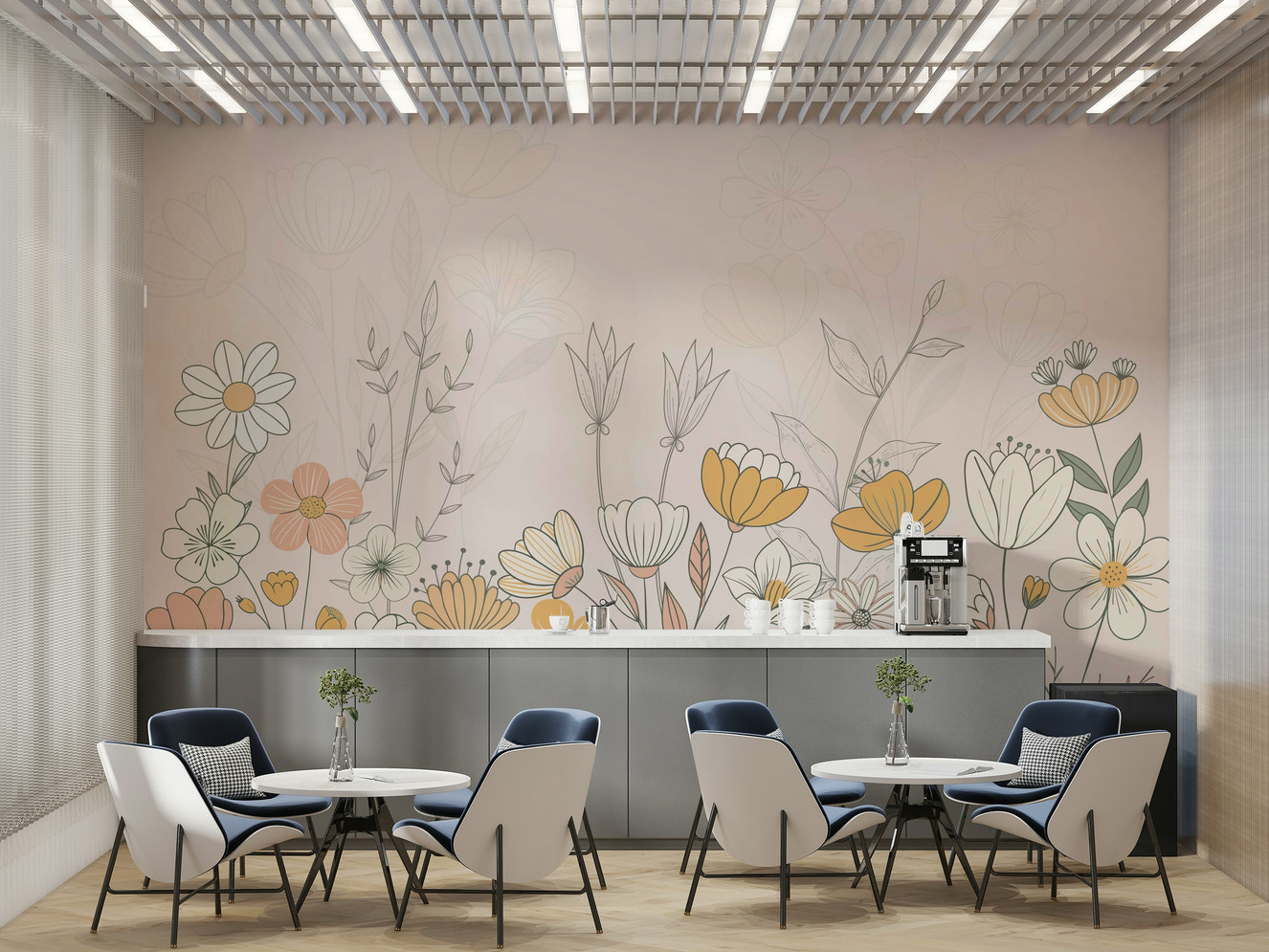 A peaceful wall mural with a field of flowers.

