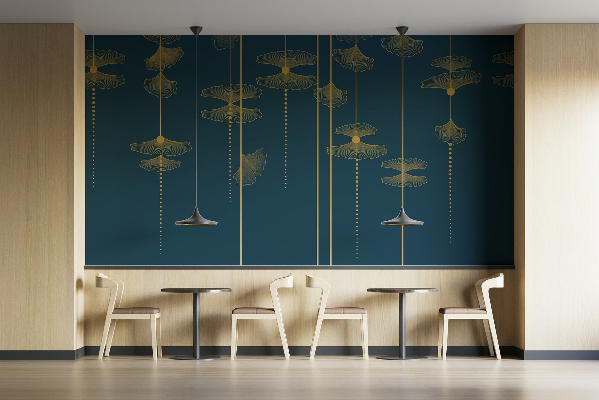 A peaceful wall mural with an elegant ginkgo leaf pattern.