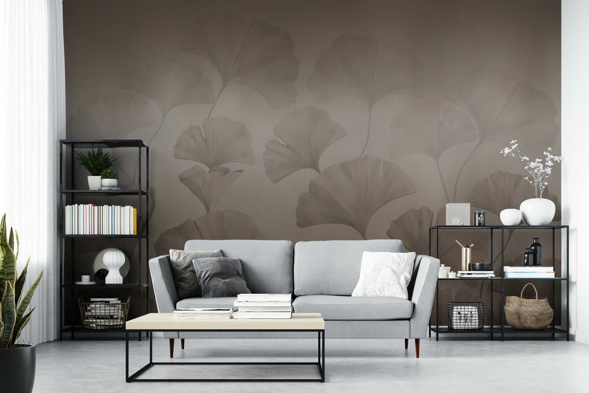 A peaceful wall mural with an elegant ginkgo leaf pattern.

