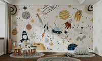 A peaceful wall mural with a whimsical outer space scene.

