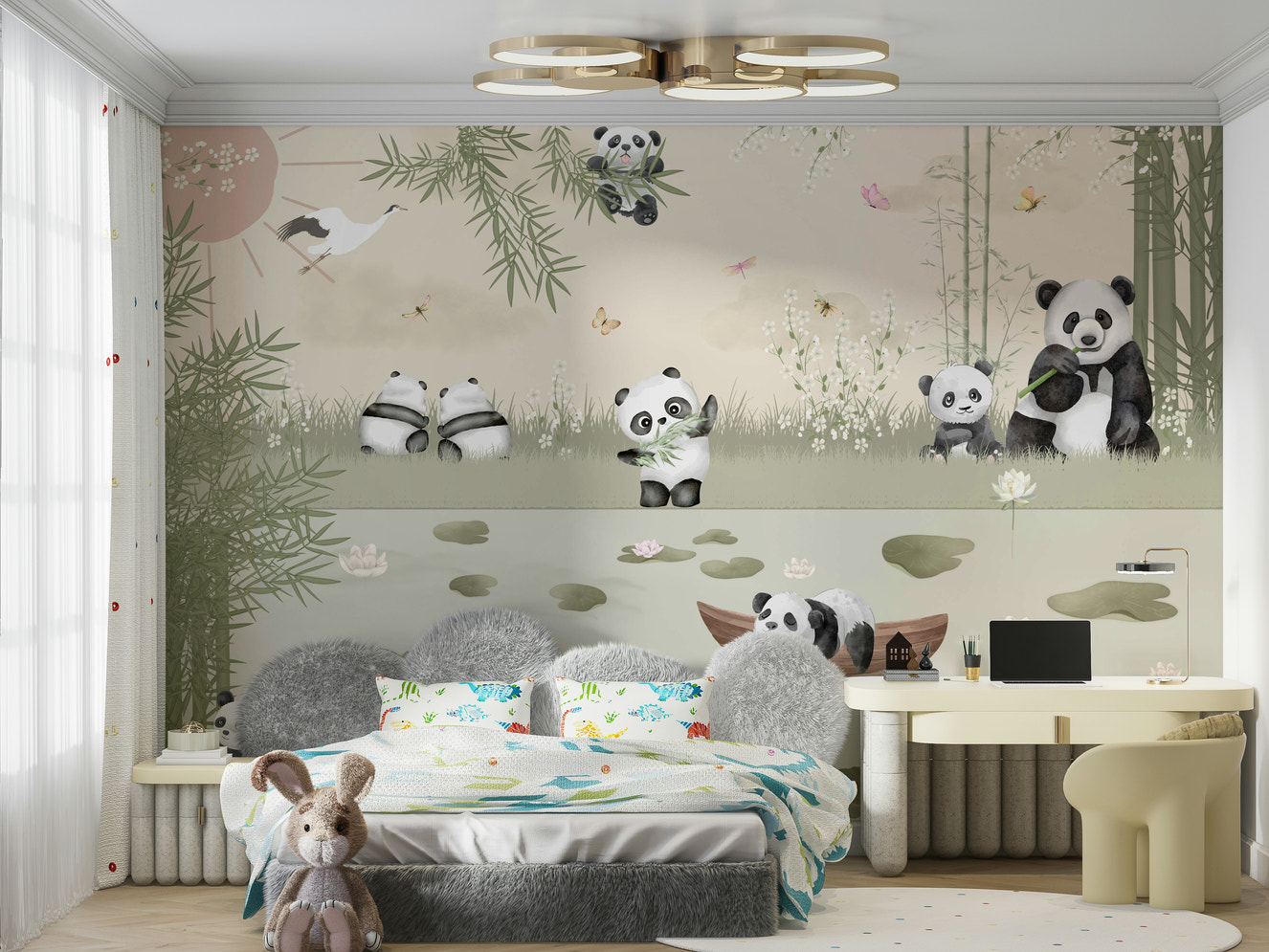 The design features a pattern of friendly, playful pandas.

