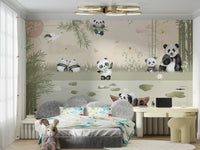 The design features a pattern of friendly, playful pandas.

